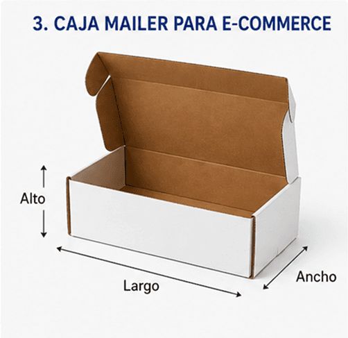 Caja mailer de cartón para e-commerce con cierre de lengüeta sin cinta adhesiva, ideal para envío directo al consumidor