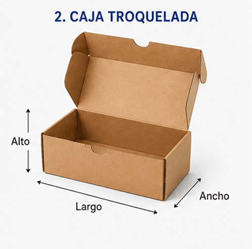 Caja troquelada de cartón kraft tipo mailer con solapa superior y fondo automático, con las cotas de largo, ancho y alto señaladas
