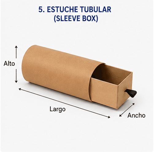 Estuche tubular de cartón tipo sleeve que se desliza sobre una bandeja interior, formato minimalista